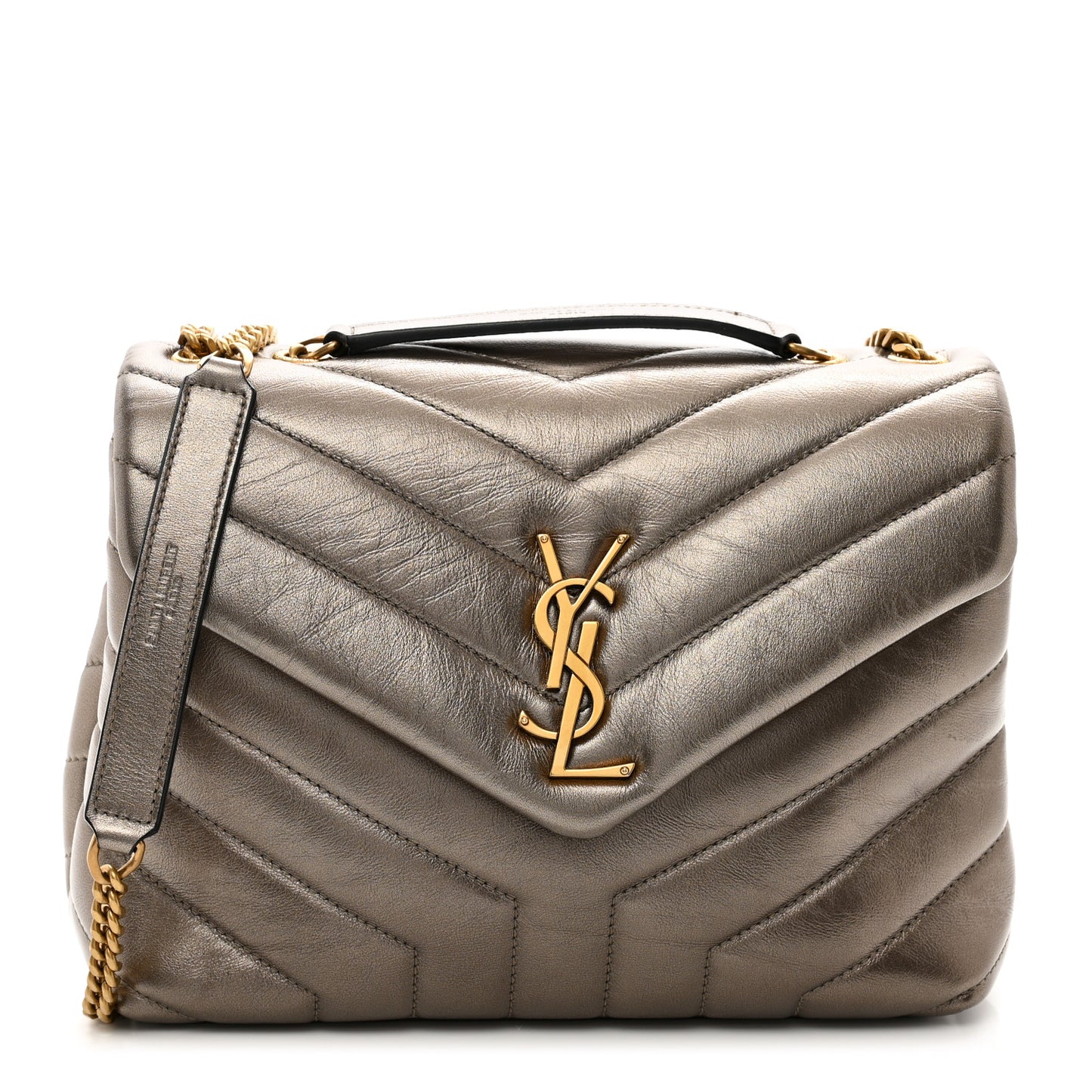 Metallic Calfskin Y Quilted Monogram Small Loulou Chain Satchel Pewter