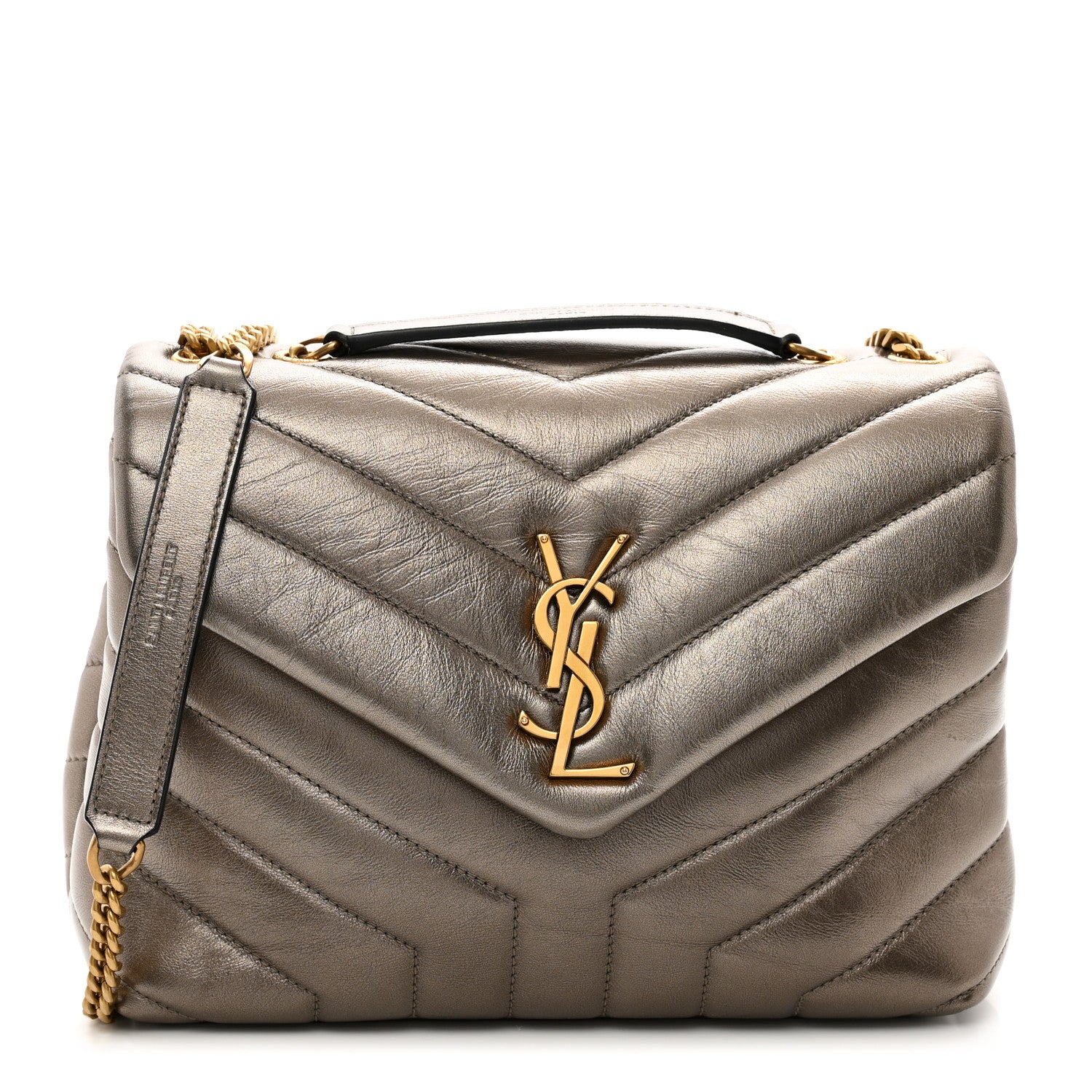 Saint Laurent Metallic Calfskin Y Quilted Monogram Small Loulou Chain Satchel Pewter 1 of 12