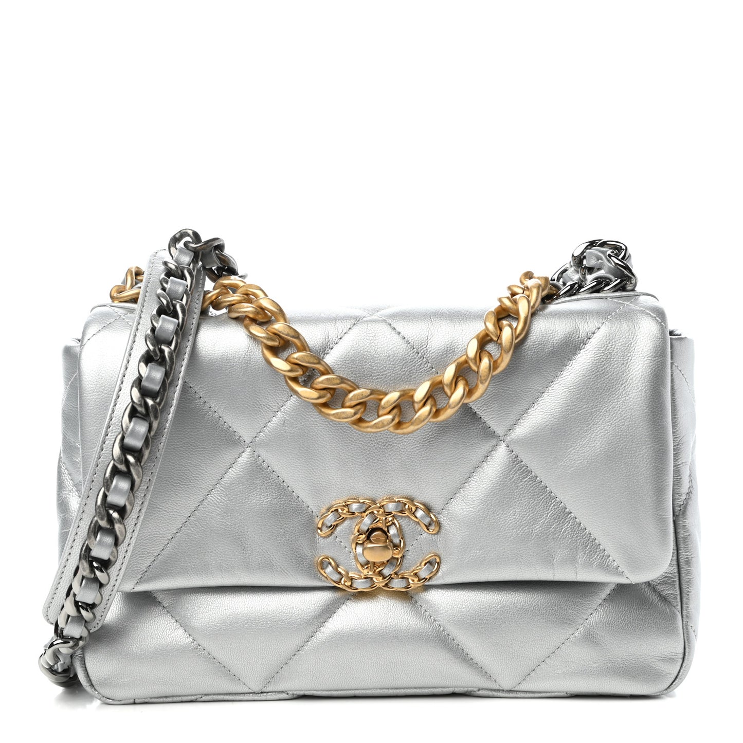 Metallic Goatskin Quilted Medium Chanel 19 Flap Silver