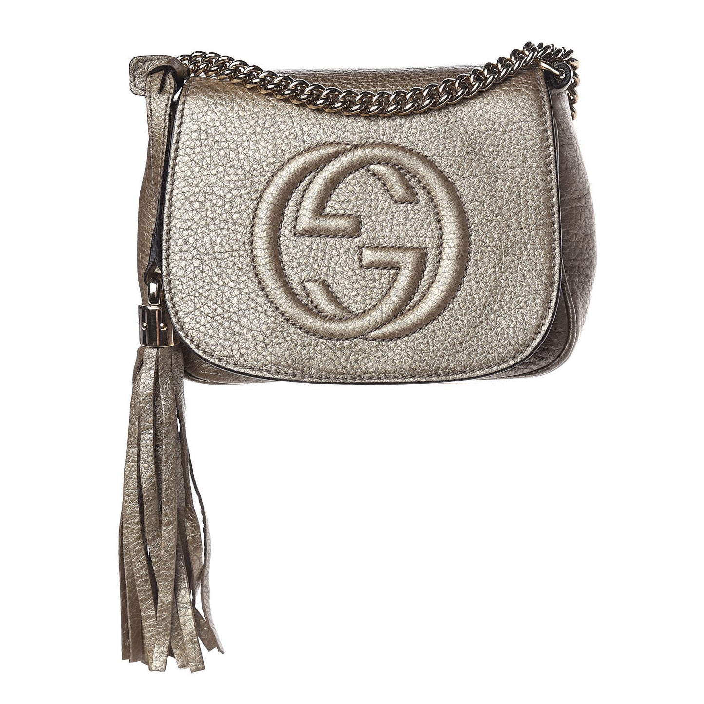 Metallic Pebbled Calfskin Small Soho Flap Crossbody Golden Beige