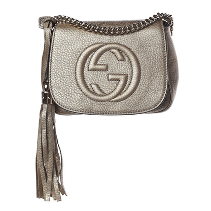 Gucci Metallic Pebbled Calfskin Small Soho Flap Crossbody Golden Beige 1 of 14