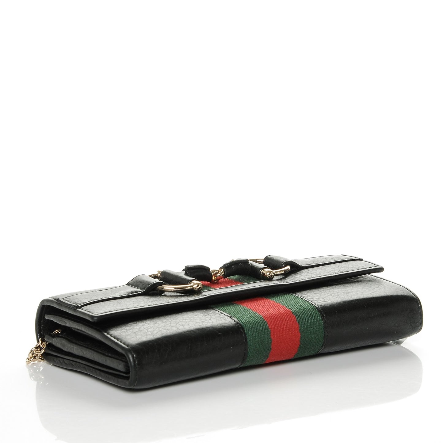 Calfskin Web Horsebit Chain Clutch Wallet Black