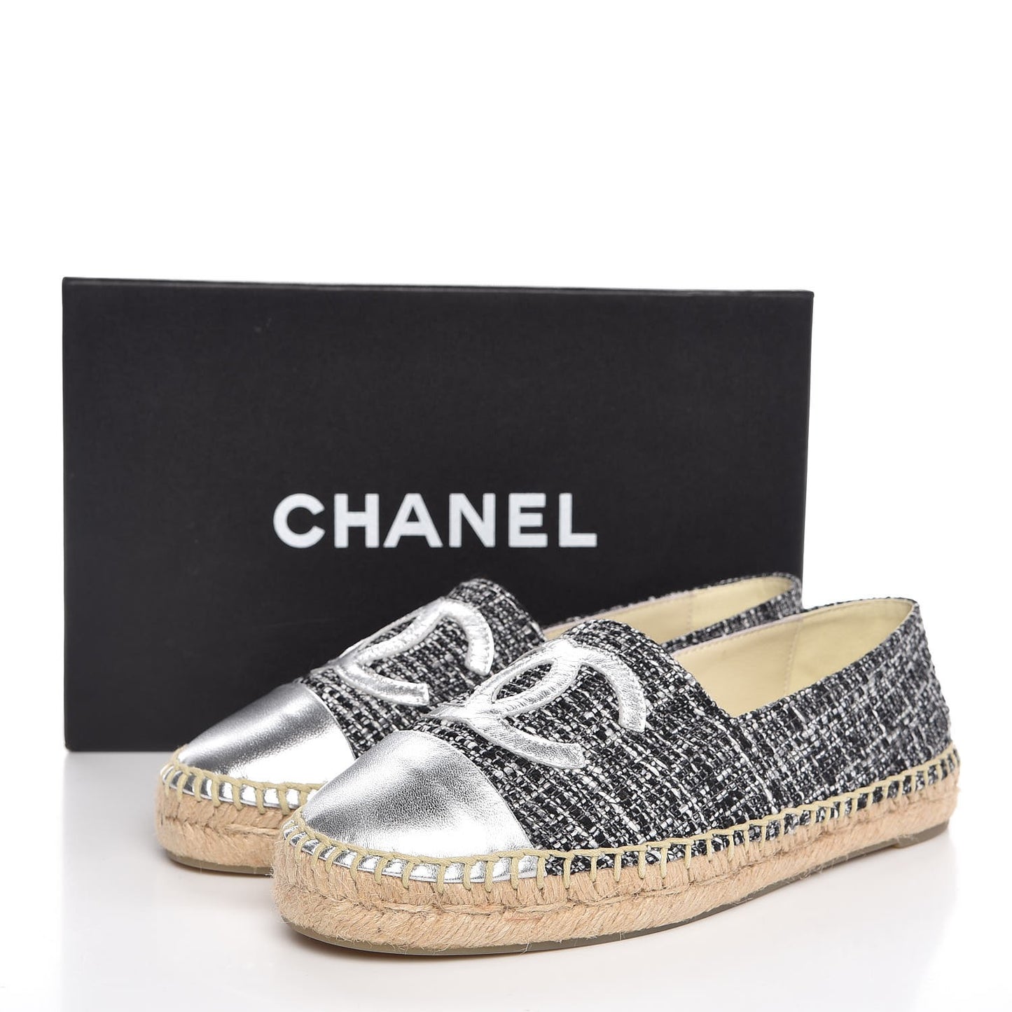 Metallic Tweed Lambskin CC Espadrilles 38 Black Silver