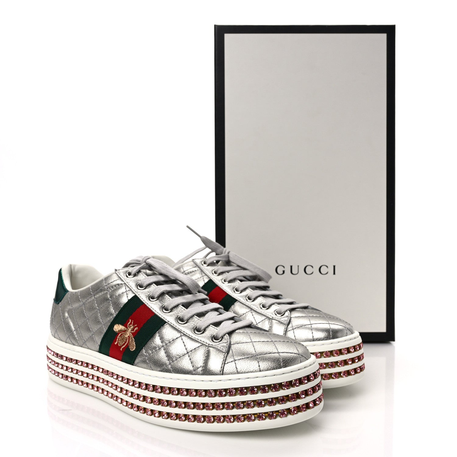 Gucci Laminated Nappa Crystal Web Bee Embroidered Trapuntata Womens Ace Platform Sneakers 38 Argento 10 of 10