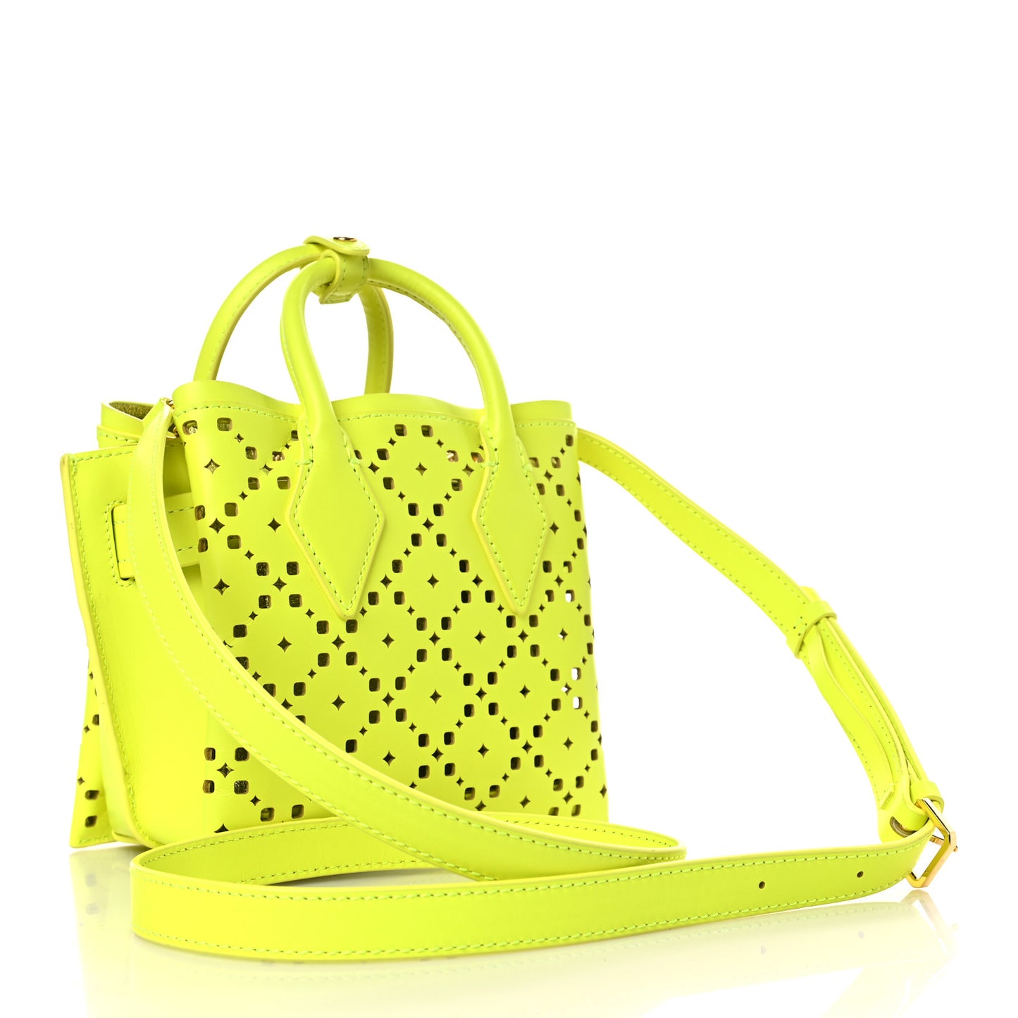 Perforated Calfskin Studded Mini Milla Tote Neon Yellow