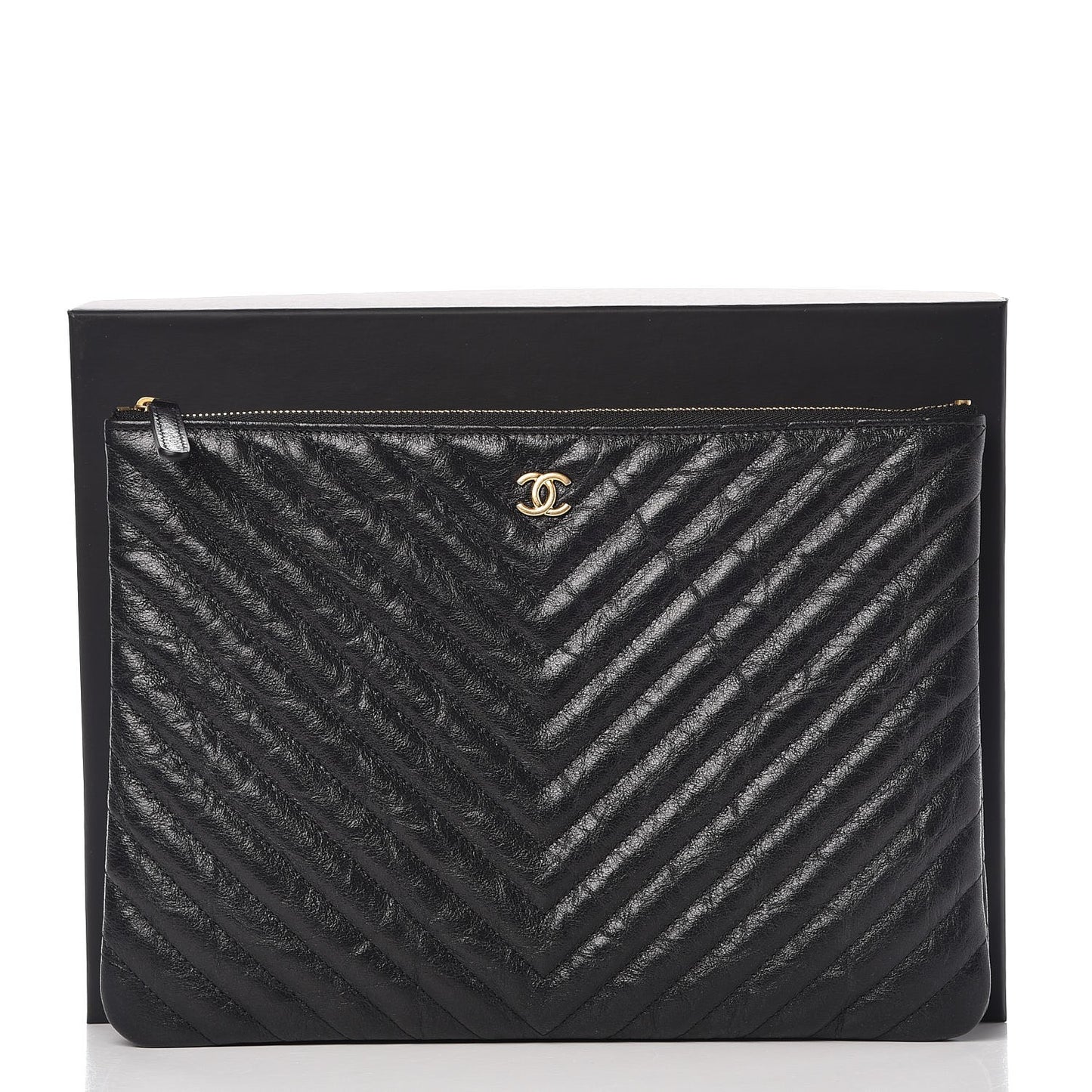 Crackled Calfskin Chevron Quilted Medium Cosmetic Case Black