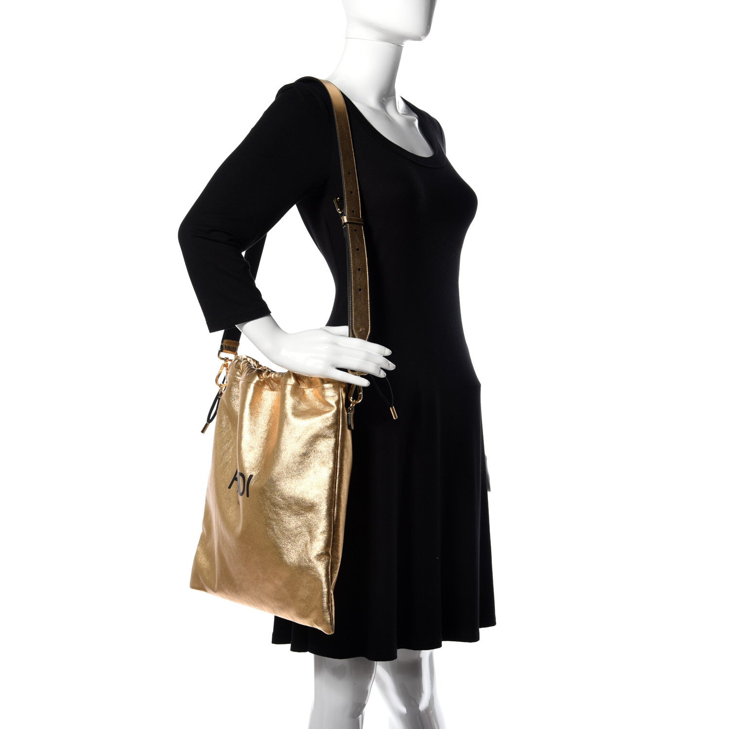 Fendi Laminated Calfskin Medium Drawstring Pouch Bag Oro Black 2 of 9