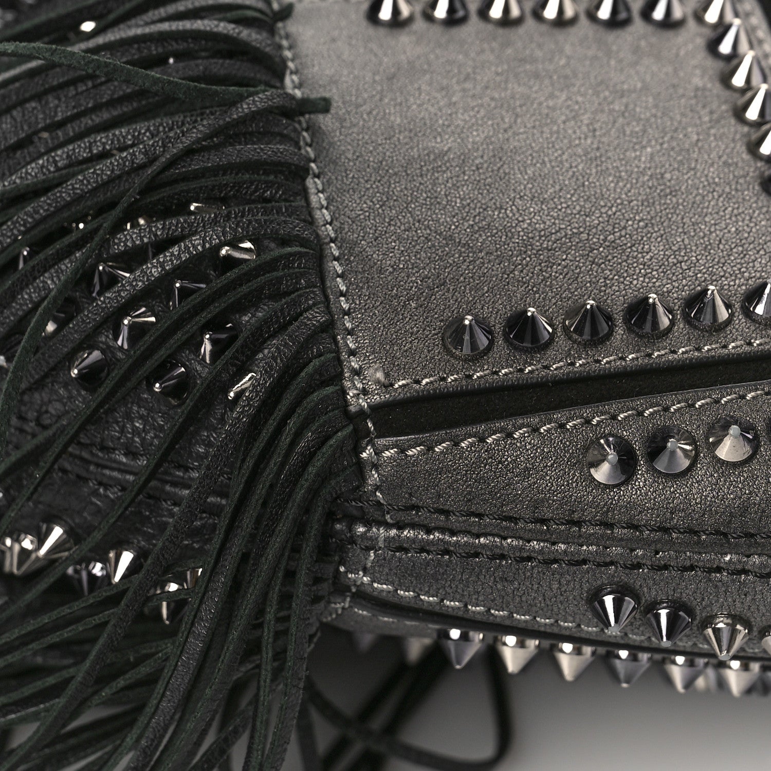 Christian Louboutin Metallic Sheepskin Spikes Fringed Lucky L Hobo Anthracite 7 of 11