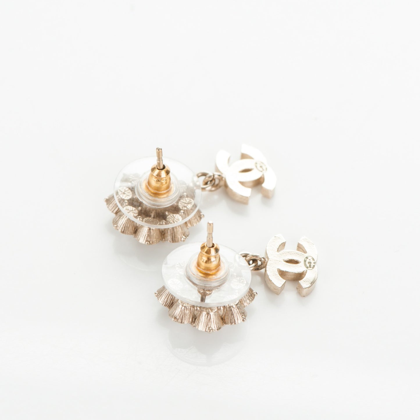 Crystal CC Flower Dangle Earrings Gold Beige