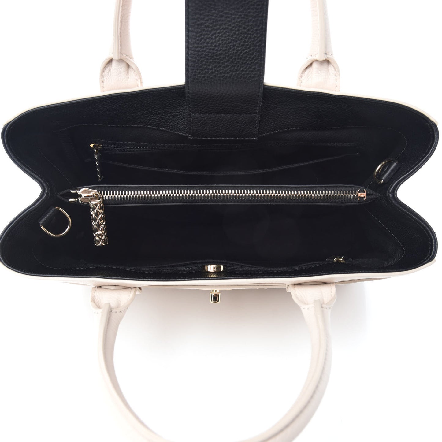 Grained Calfskin Small Bi-Color Neo Executive Shopper Tote Beige Black