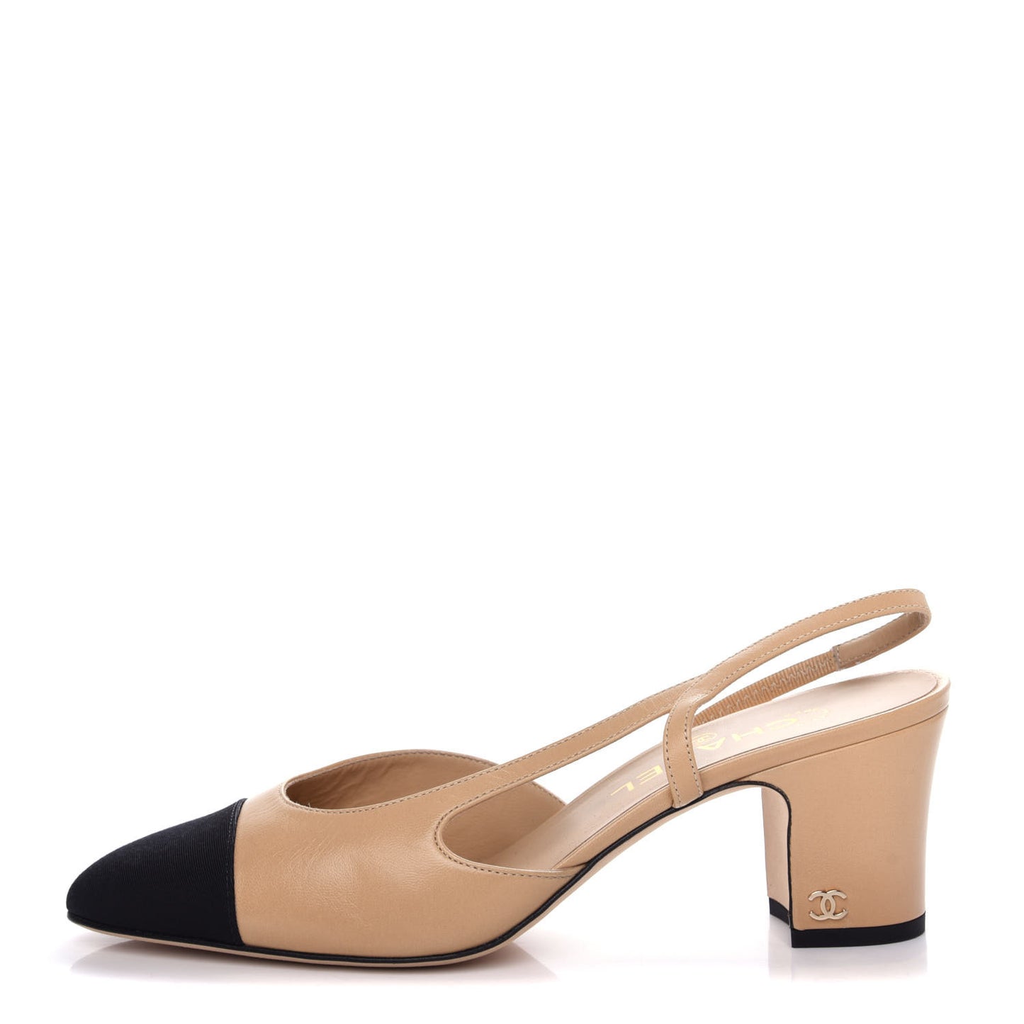 Goatskin Grosgrain Cap Toe CC Slingback Pumps 38.5 Beige Black