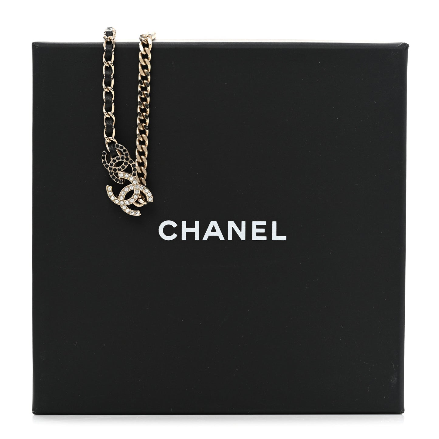 Metal Calfskin Crystal Double CC Short Necklace Black Gold