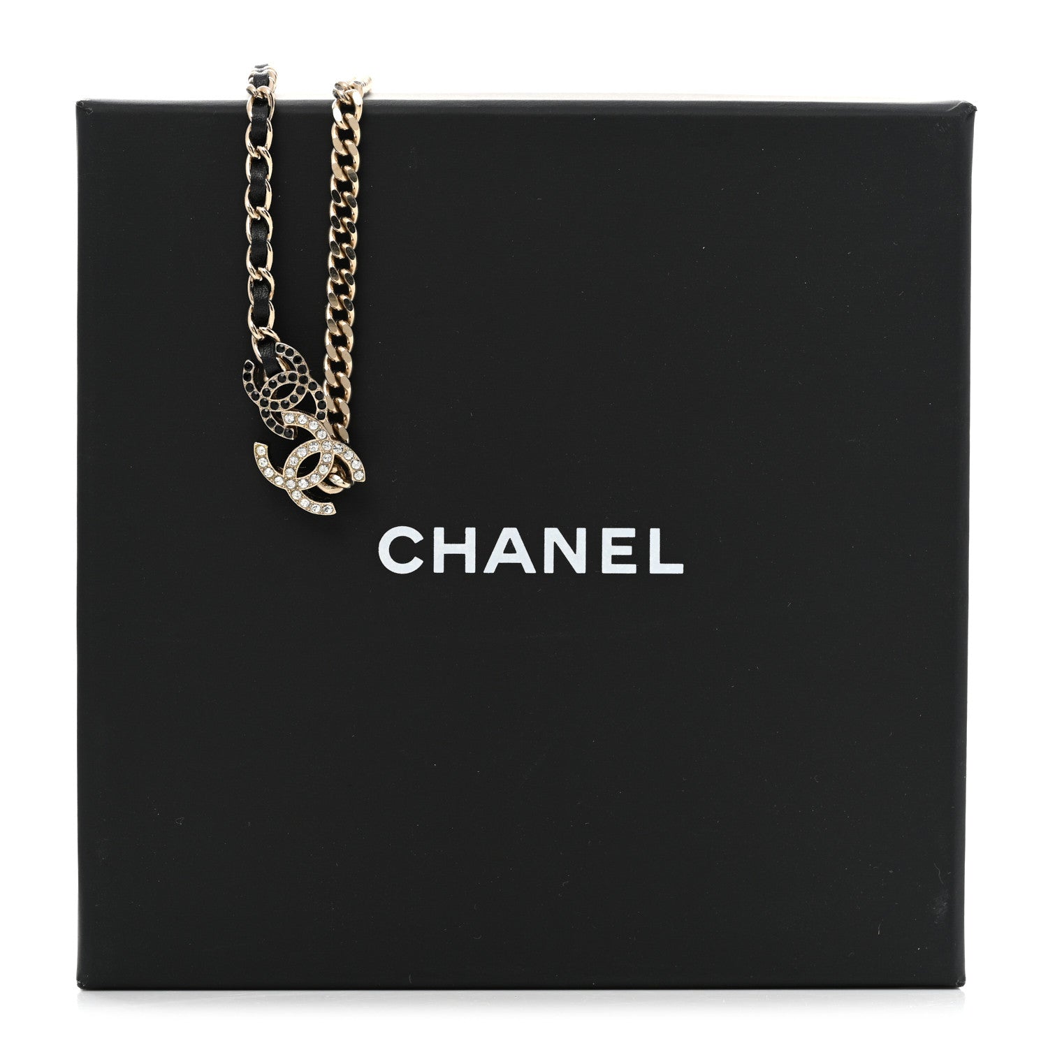 Chanel Metal Calfskin Crystal Double CC Short Necklace Black Gold 7 of 7
