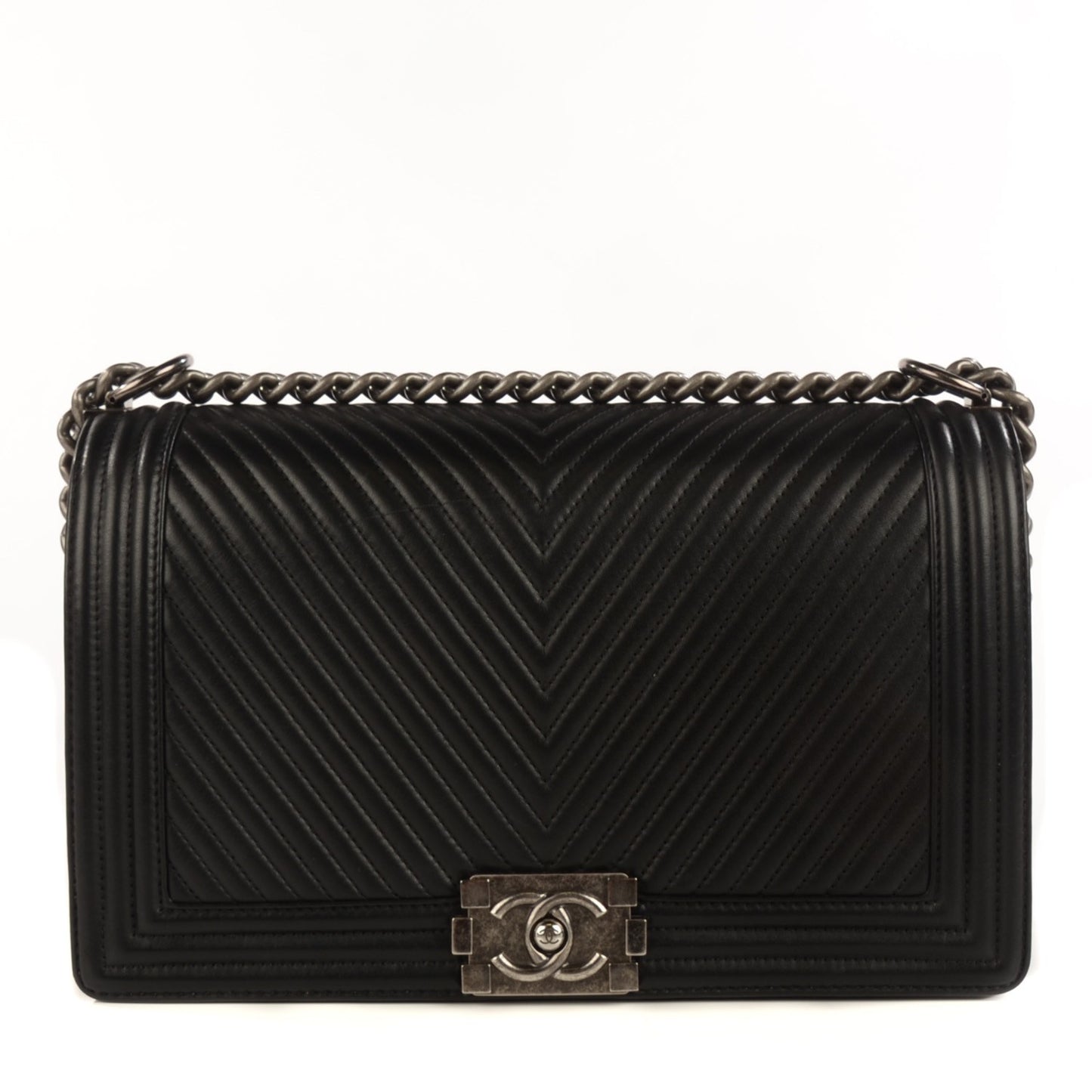 Calfskin Chevron Quilted Large Boy Flap Black