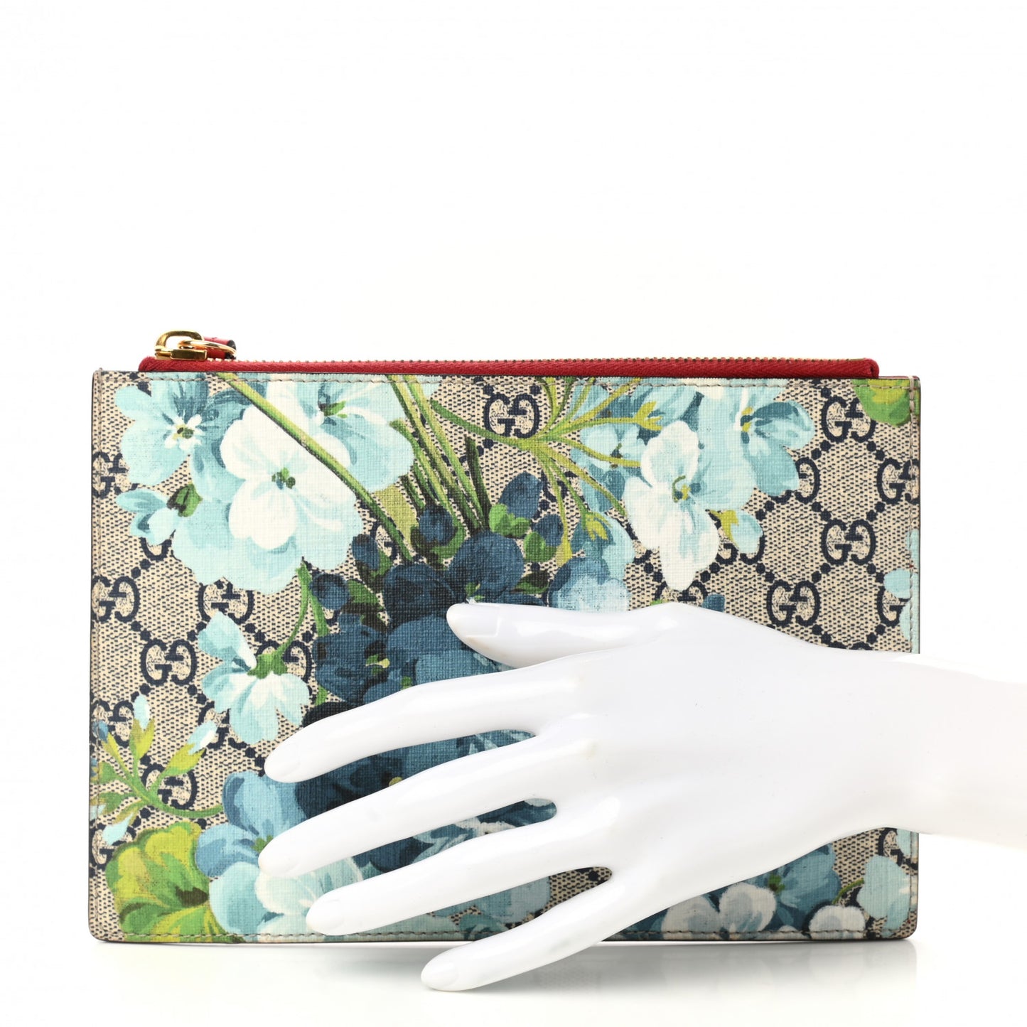 GG Supreme Monogram Blooms Small Zip Pouch Beige Blue Hibiscus Red