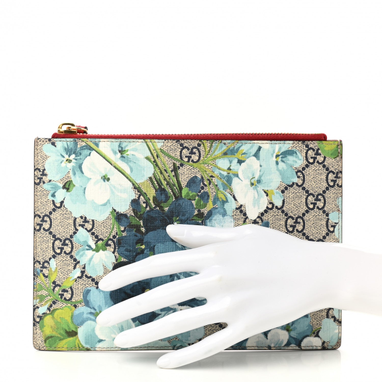 Gucci GG Supreme Monogram Blooms Small Zip Pouch Beige Blue Hibiscus Red 2 of 6