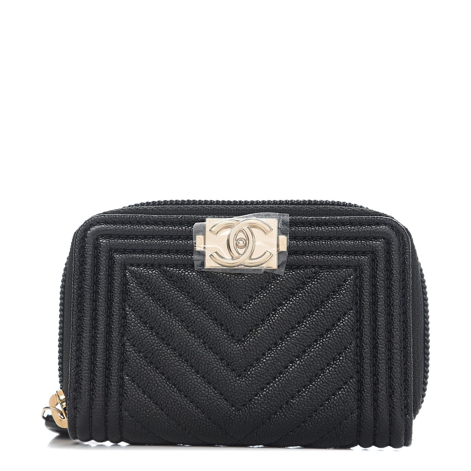 Chanel Caviar Chevron Quilted Boy Zip Around Coin Purse Wallet Black 1 of 7