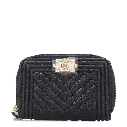 Chanel Caviar Chevron Quilted Boy Zip Around Coin Purse Wallet Black 1 of 7