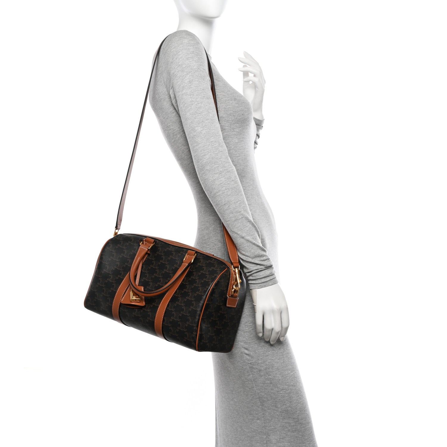 Celine Triomphe Canvas Calfskin Large Boston Bag Tan 2 of 10