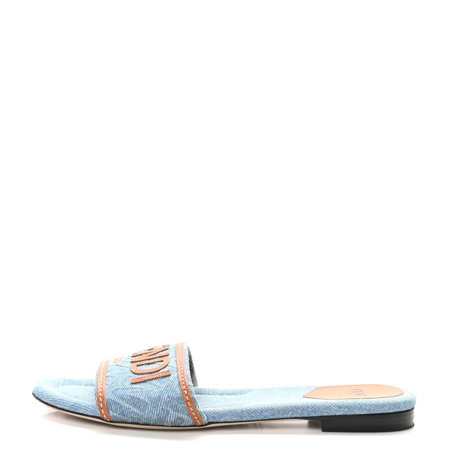 Fendi Denim Print Logo Flat Slide Sandals 38 Denim Brandy 1 of 10