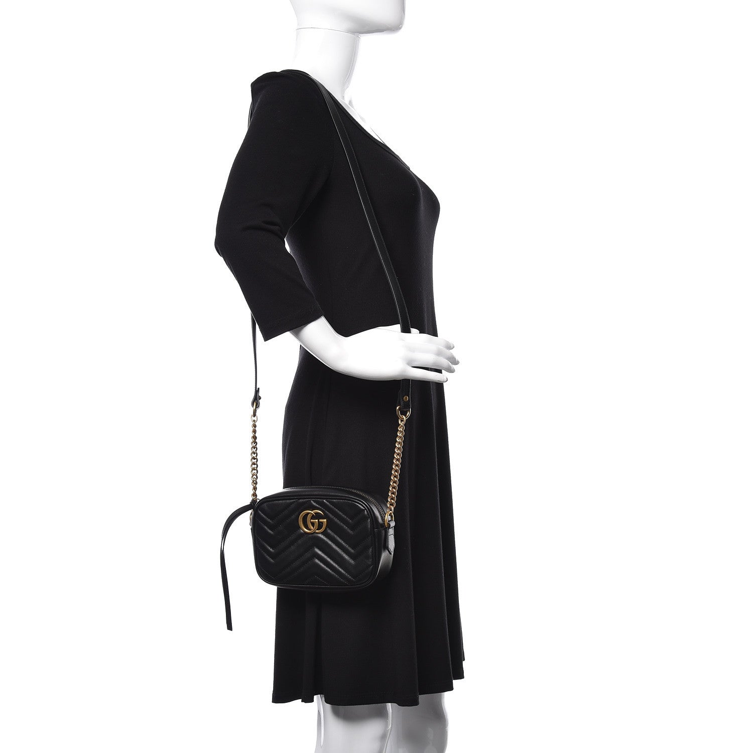 Gucci Calfskin Matelasse Mini GG Marmont Chain Shoulder Bag Black 3 of 10
