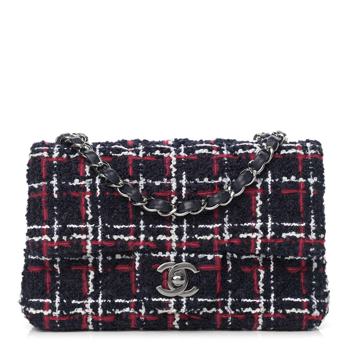 Tweed Quilted Mini Rectangular Flap Navy Blue White Red