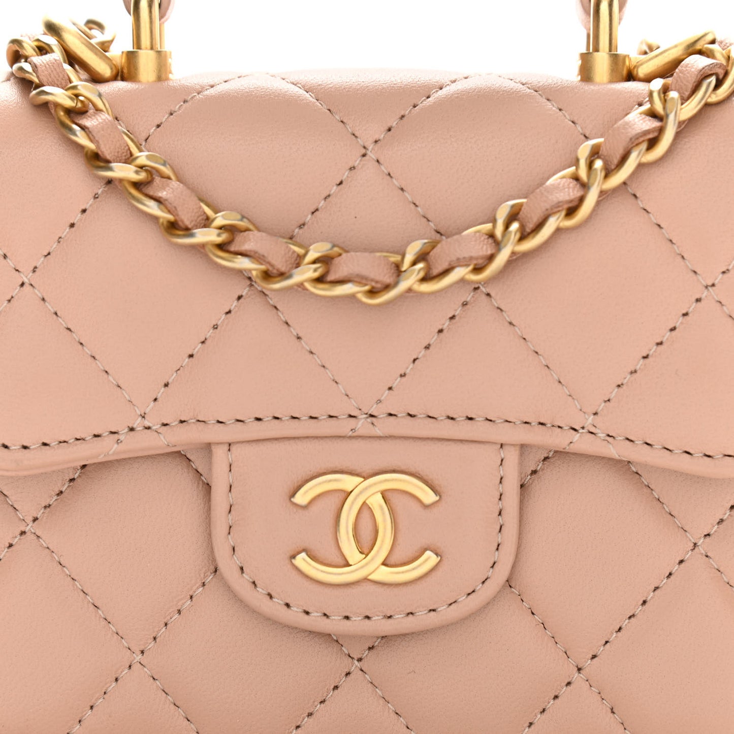 Lambskin Quilted Top Handle Flap Coin Purse With Chain Beige