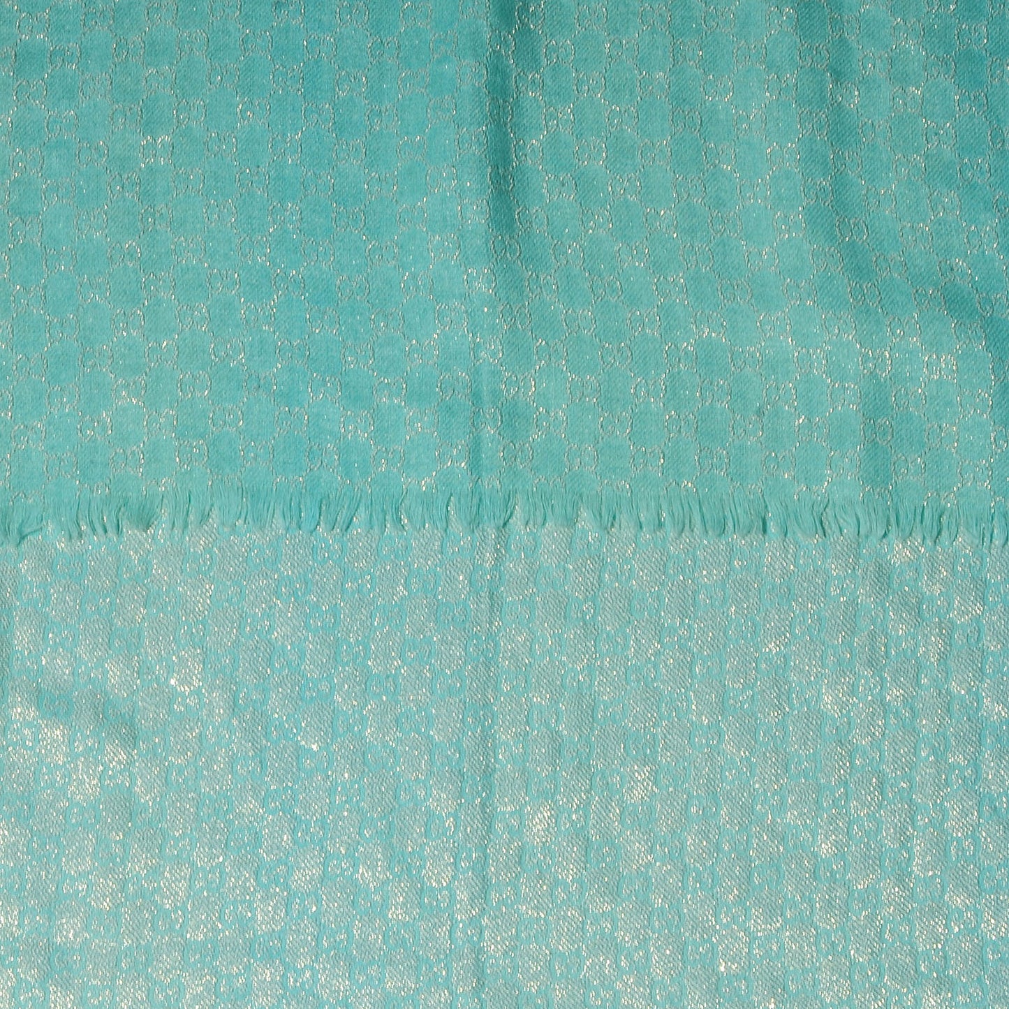 Wool Silk Jacquard Monogram Fringe Scarf Aqua Gold