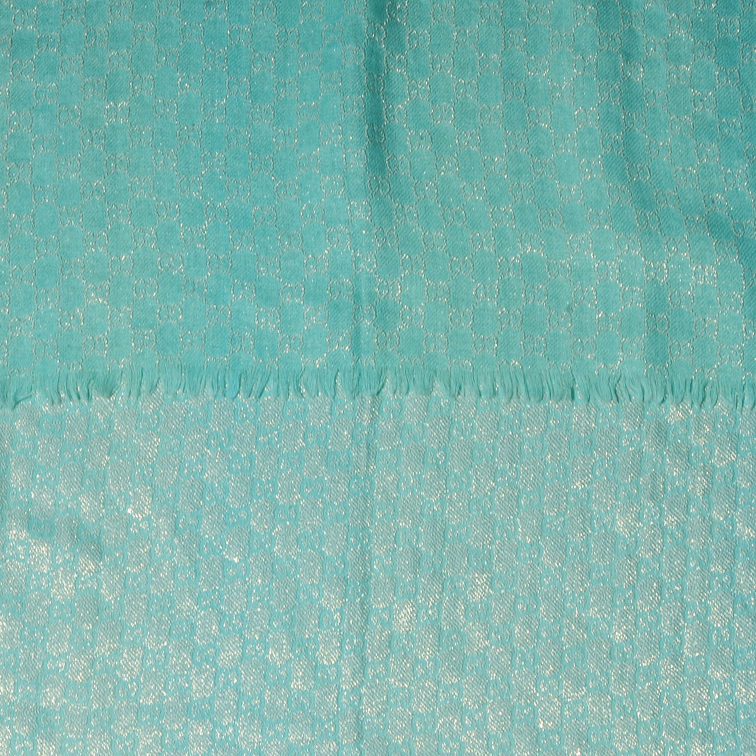 Gucci Wool Silk Jacquard Monogram Fringe Scarf Aqua Gold 4 of 7
