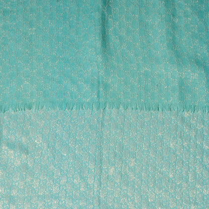 Gucci Wool Silk Jacquard Monogram Fringe Scarf Aqua Gold 4 of 7
