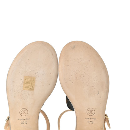 Chanel Suede Patent Calfskin Camellia Thong Sandals 37.5 Beige Black 9 of 11