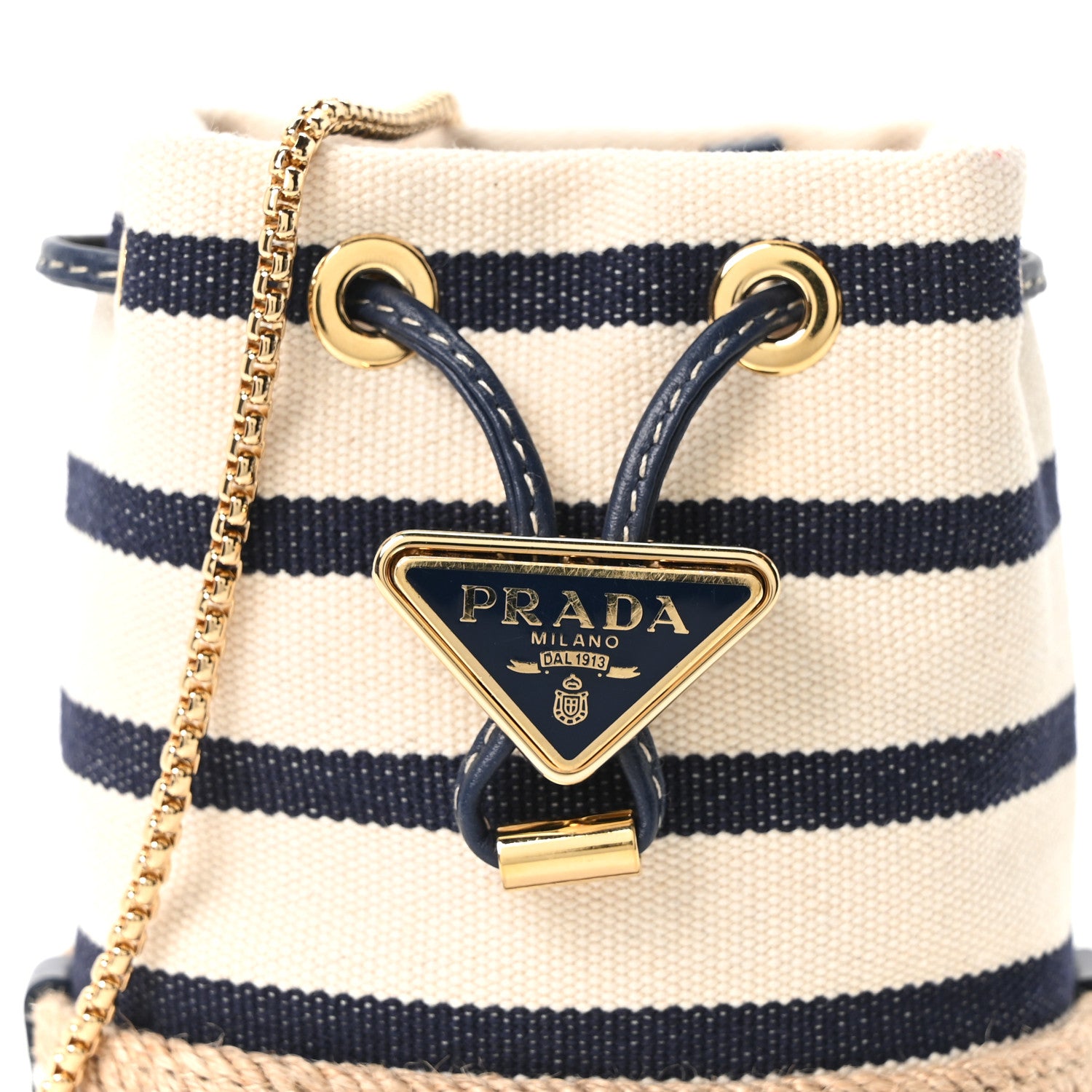 Prada Canvas Stripe Metal Triangle Logo Mini Drawcord Pouch