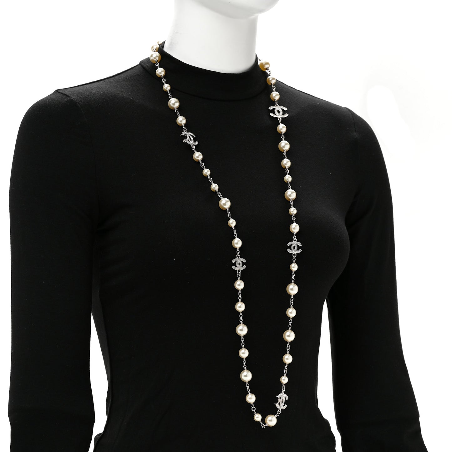 Graduated Pearl Crystal CC Long Necklace Silver