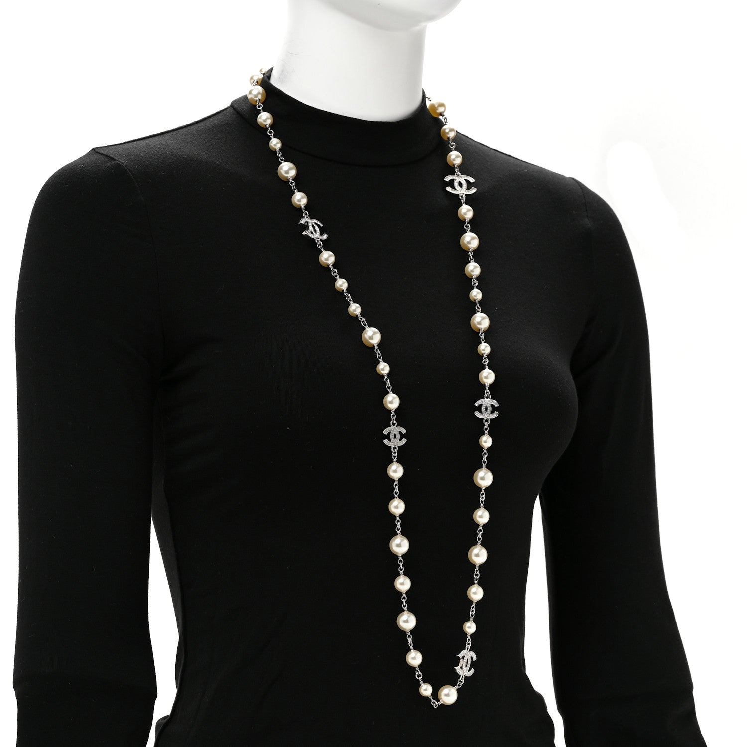 Chanel Graduated Pearl Crystal CC Long Necklace Silver 2 of 6