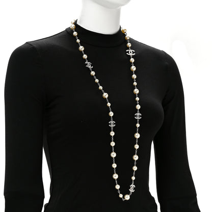 Chanel Graduated Pearl Crystal CC Long Necklace Silver 2 of 6