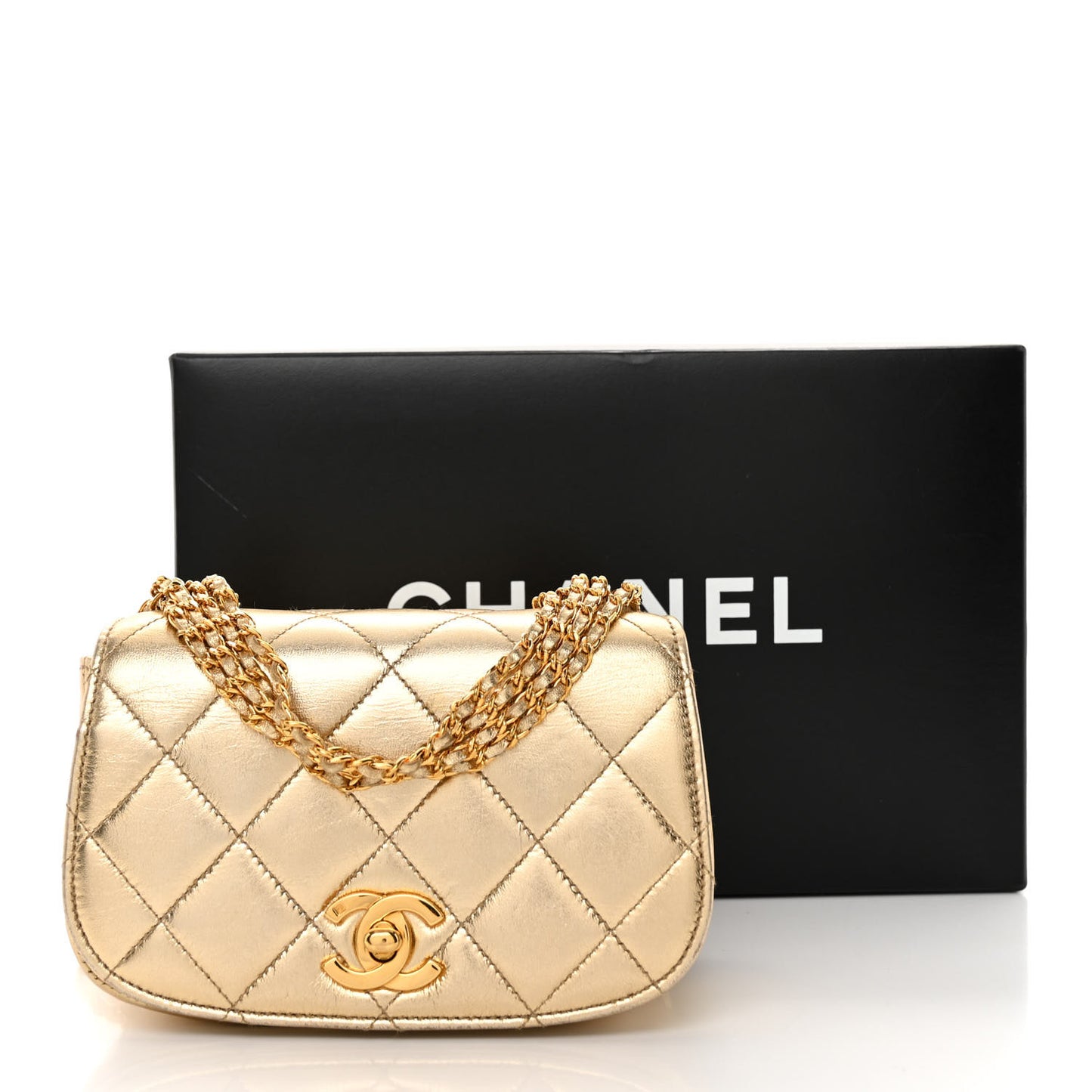 Metallic Lambskin Quilted Multi Chain Single Flap Gold