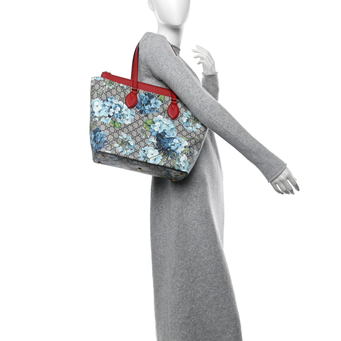 GG Supreme Monogram Blooms Medium Zippered Bucket Tote Beige Blue Navy Hibiscus Red