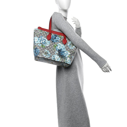 Gucci GG Supreme Monogram Blooms Medium Zippered Bucket Tote Beige Blue Navy Hibiscus Red 2 of 11