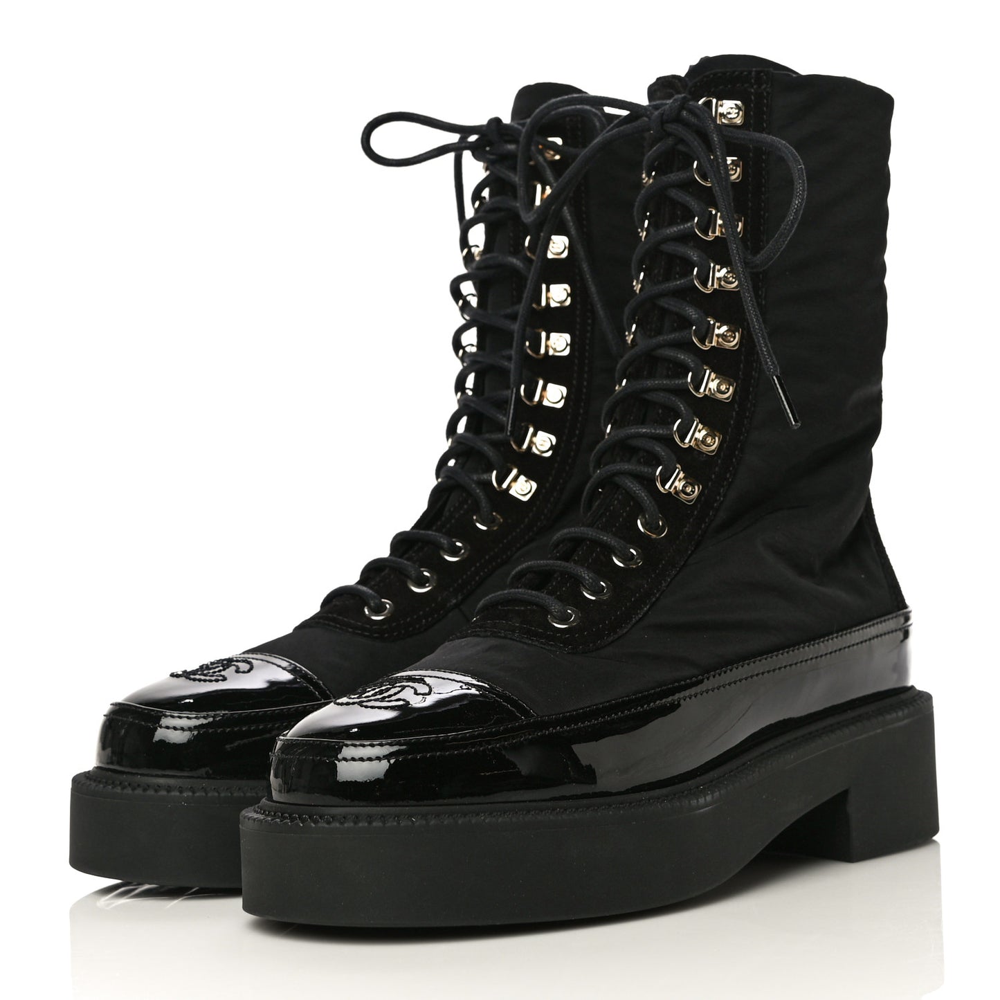 Nylon Suede Patent Calfskin CC Lace Up Boots 36.5 Black