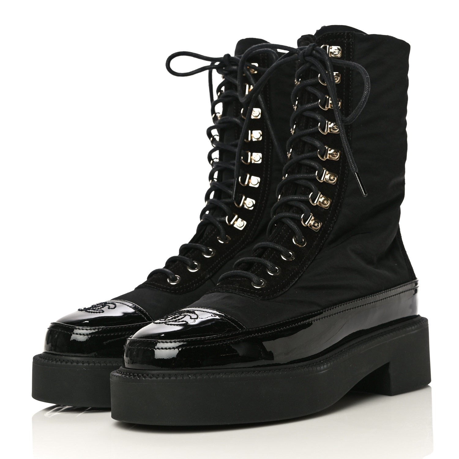 Chanel Nylon Suede Patent Calfskin CC Lace Up Boots 36.5 Black 3 of 13