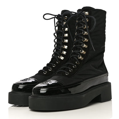 Chanel Nylon Suede Patent Calfskin CC Lace Up Boots 36.5 Black 3 of 13