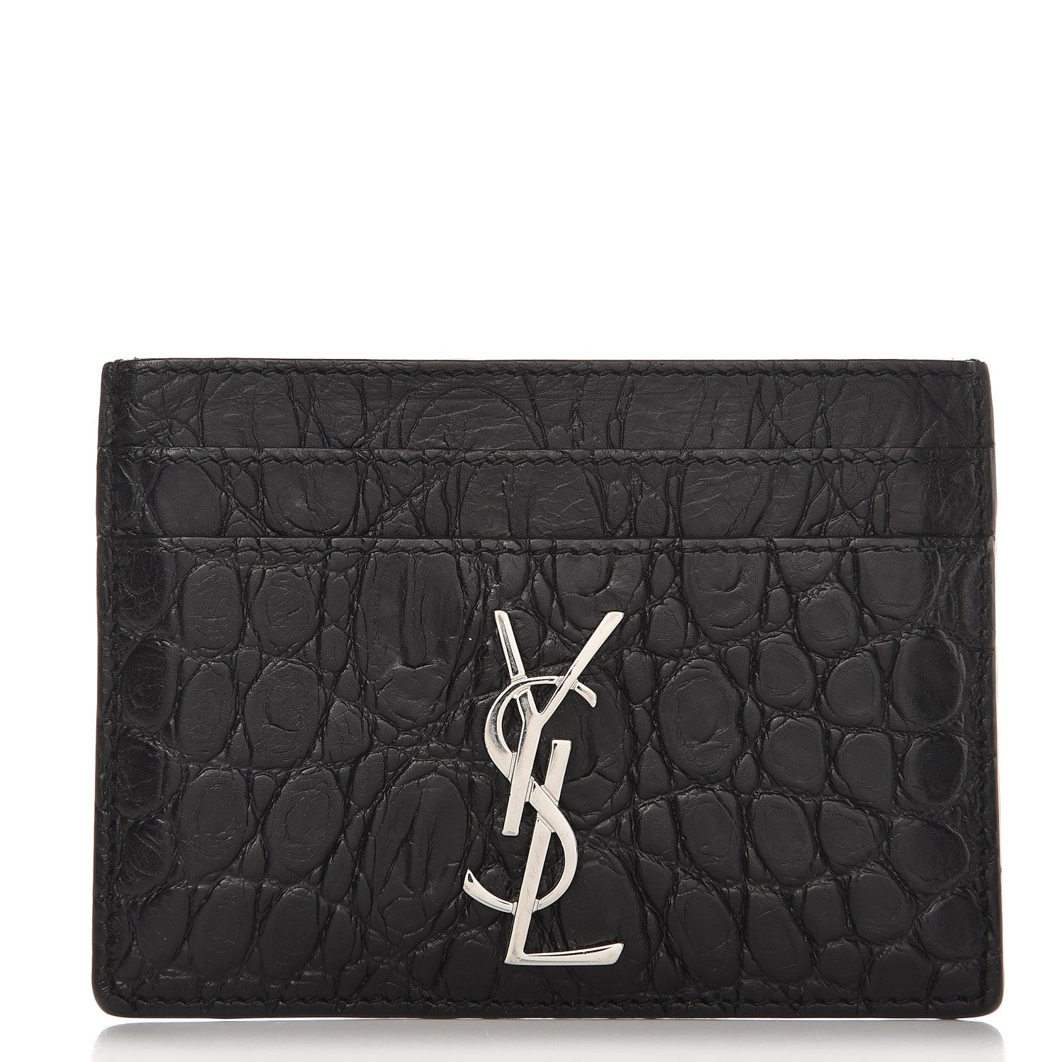 Saint Laurent Calfskin Crocodile Embossed Monogram Credit Card Case Black 1 of 8