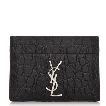 Saint Laurent Calfskin Crocodile Embossed Monogram Credit Card Case Black 1 of 8