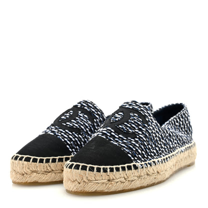 Chanel Tweed Grosgrain CC Espadrilles 37 Black Navy White 2 of 8