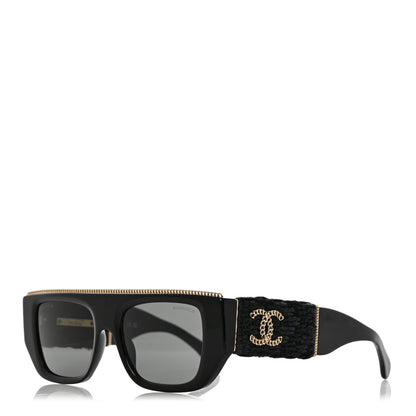 Chanel Acetate Tweed Wool CC Chain Rectangle Sunglasses 71549 Black 1 of 8