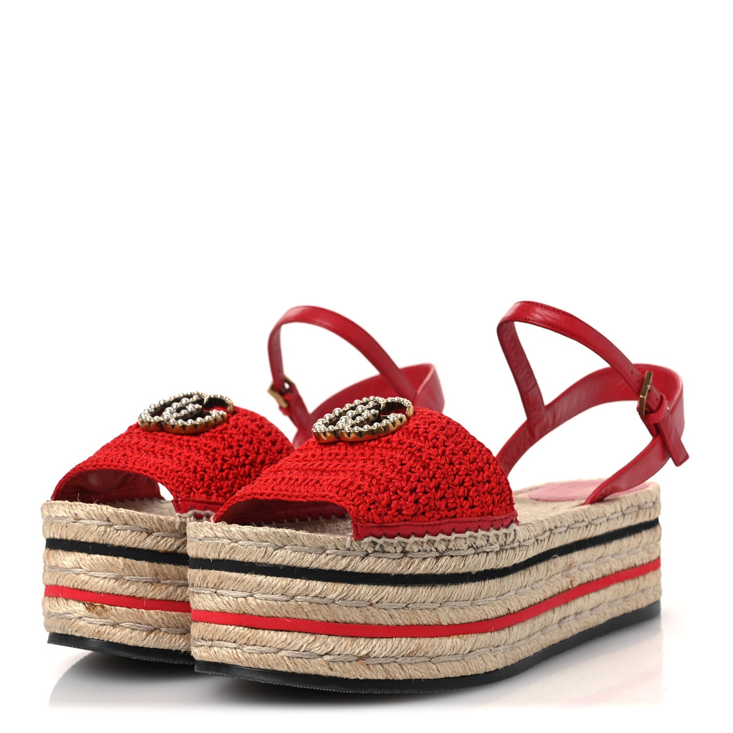 Gucci Cotton Malaga Kid Crochet Pearly GG Lilibeth Espadrille Platform Sandals 39 Hibiscus Red 4 of 11