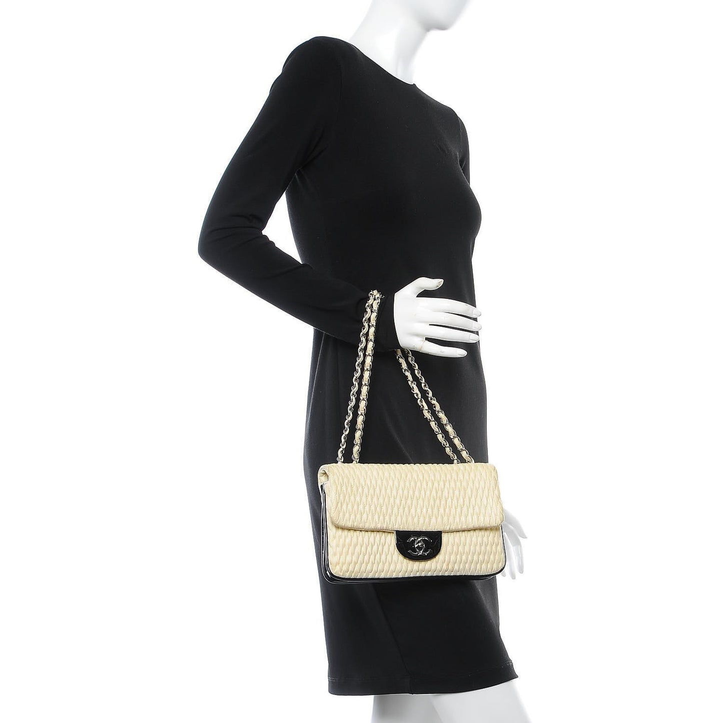 Vinyl Lambskin Quilted Shoulder Flap Beige Black