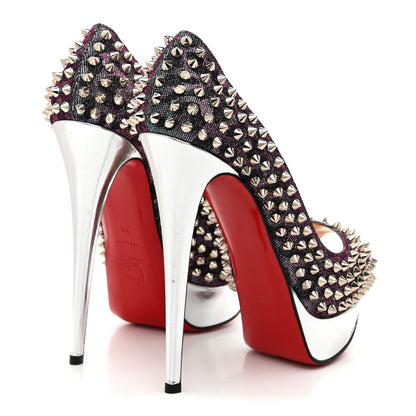 Christian Louboutin Lame Satin Lady Peep Spikes 150 Pumps 39 Turquoise Violet Silver 5 of 9