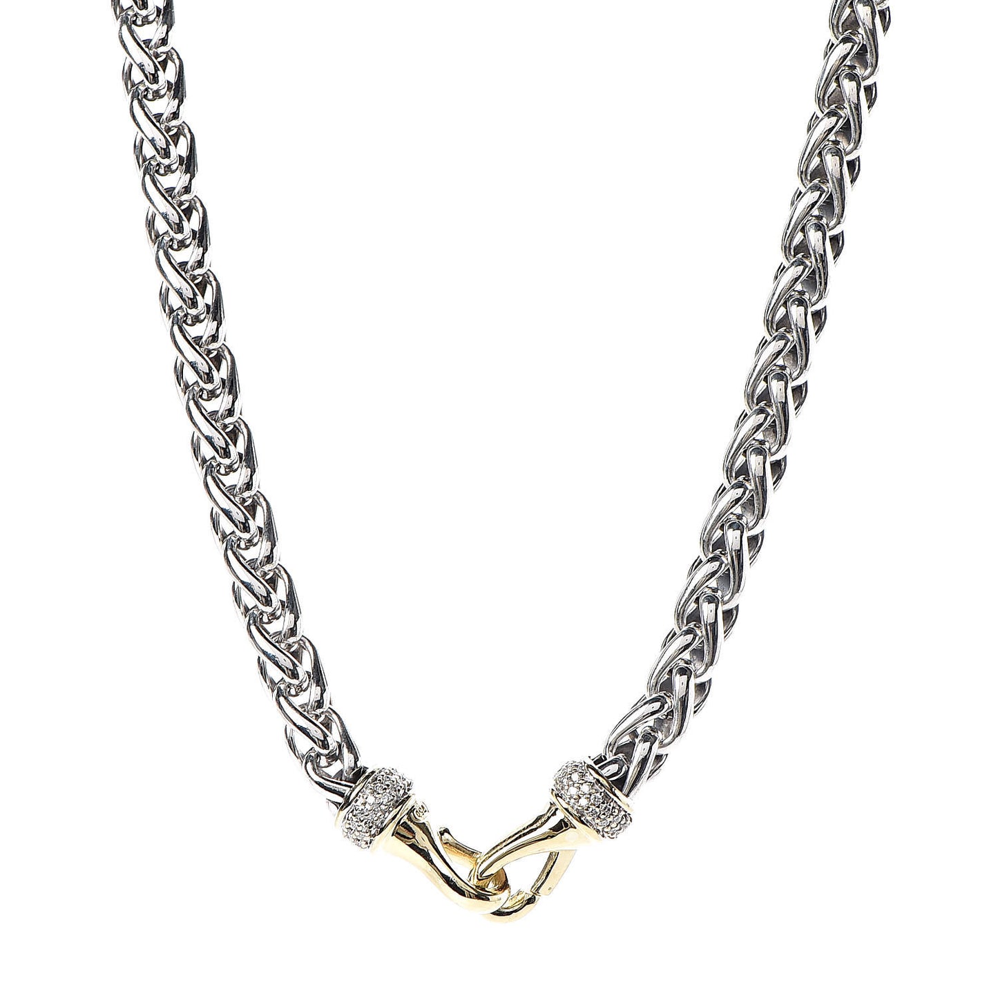 Sterling Silver 18K Yellow Gold Diamond 8mm Wheat Chain Necklace