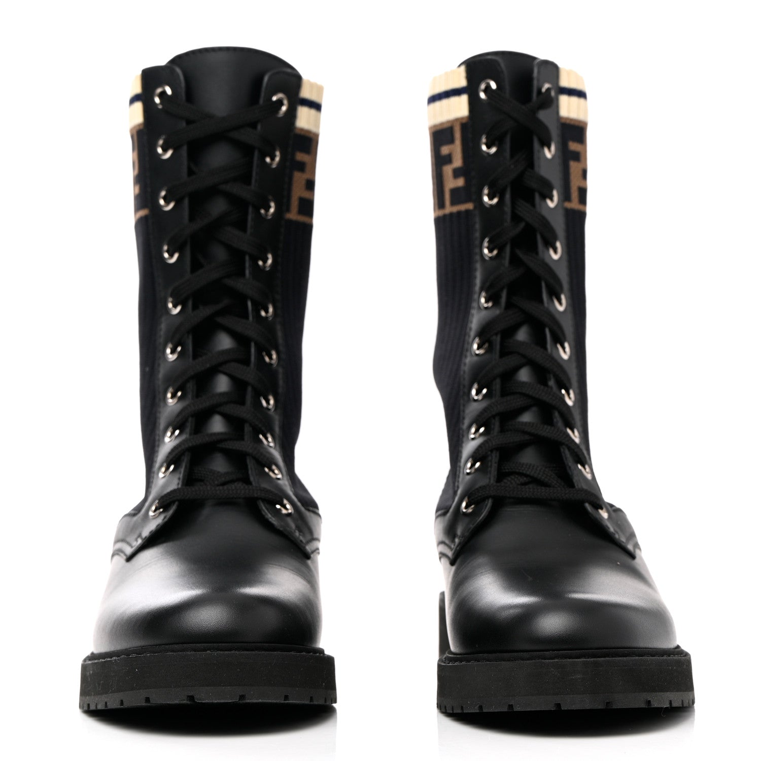 Fendi Calfskin Stretch Fabric Rockoko Biker Boots 40 Tobacco Black Marino 2 of 11